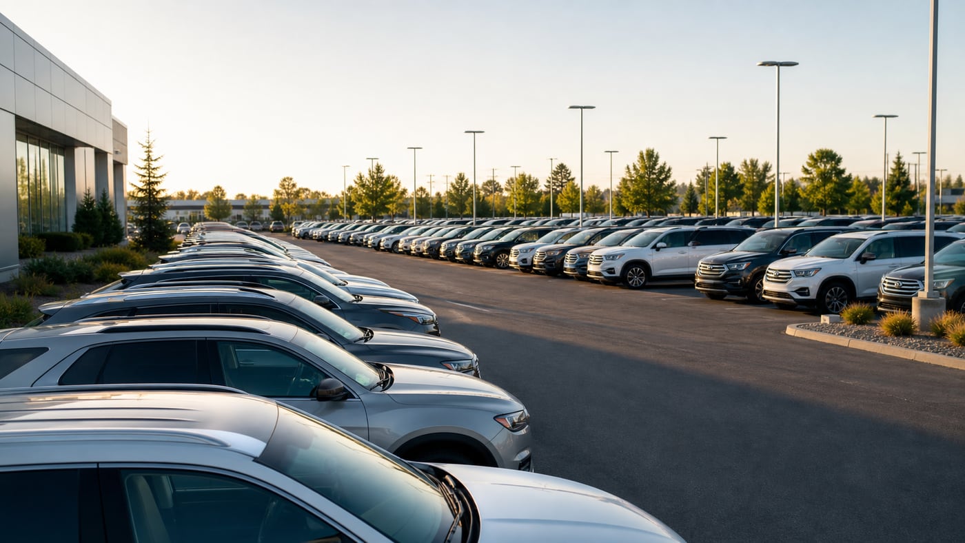 Morning dealership inventory lot with rows of vehicles ready for manager review.